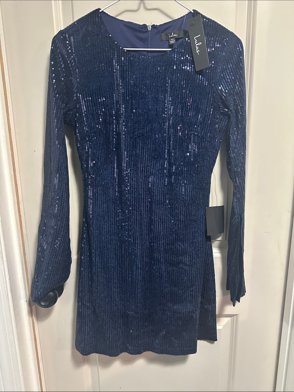 Lulu's Navy Sequin Long-Sleeve Mini Dress with Crew Neck